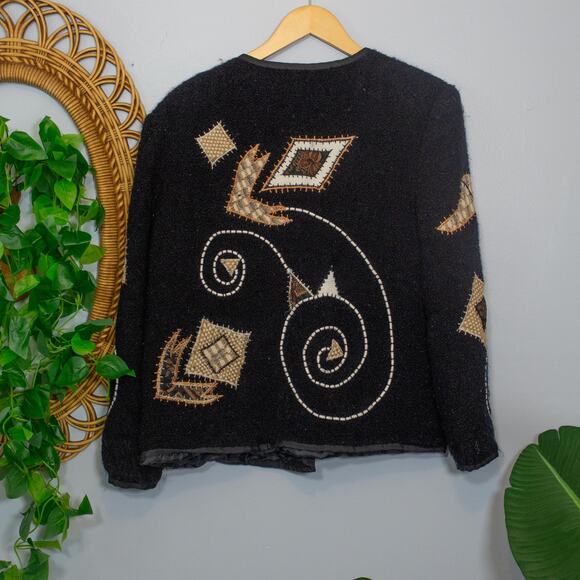 Vtg Black Cardigan Beaded Sequin Geometric Statement Sweater | Dark Autumn - Picture 3 of 9